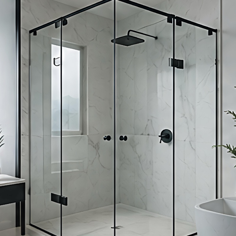 Cancel de baño en vidrio templado con herrajes negros